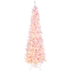 7ft Pink Pre-Lit Christmas Tree Snow Flocked Hinged Xmas Tree with 300 LED Lights, 800 Branch Tips, Artificial Slim Pencil Tree for Indoor Home Decor