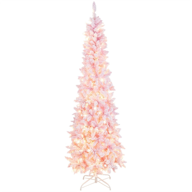 7ft Pink Pre-Lit Christmas Tree Snow Flocked Hinged Xmas Tree with 300 LED Lights, 800 Branch Tips, Artificial Slim Pencil Tree for Indoor Home Decor