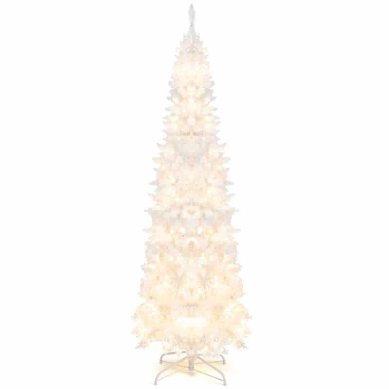 7ft White Pre-Lit Pencil Christmas Tree Hinged Slim Artificial Tree with 800 Branch Tips 300 Lights 8 Lighting Modes