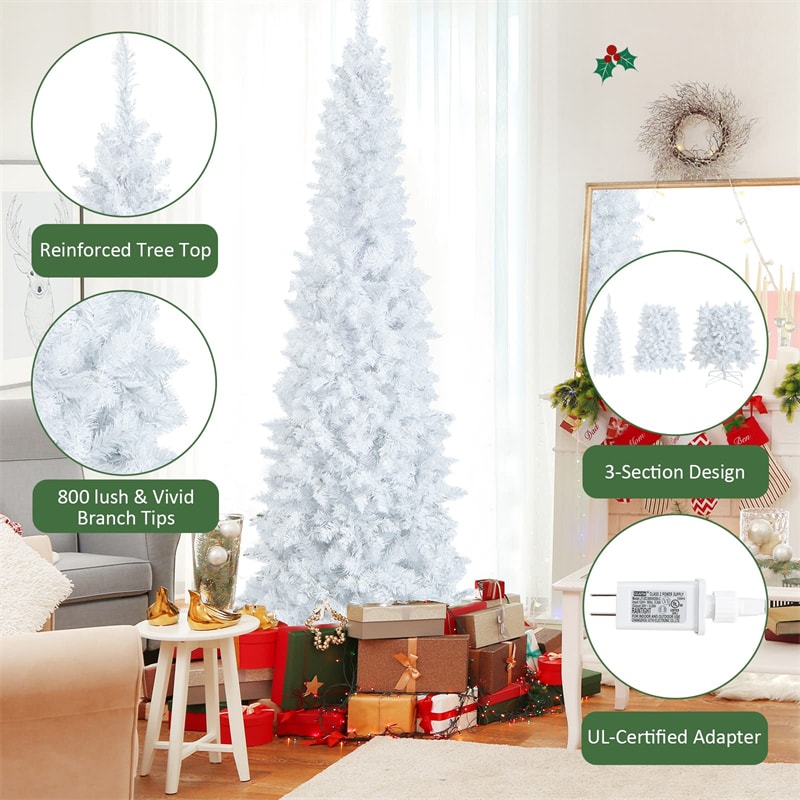 7ft White Pre-Lit Pencil Christmas Tree Hinged Slim Artificial Tree with 800 Branch Tips 300 Lights 8 Lighting Modes