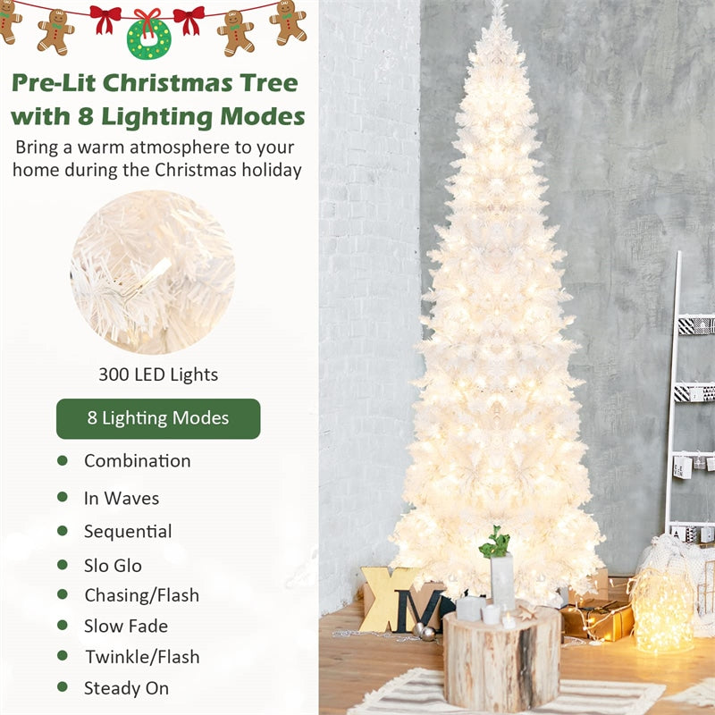 7ft White Pre-Lit Pencil Christmas Tree Hinged Slim Artificial Tree with 800 Branch Tips 300 Lights 8 Lighting Modes