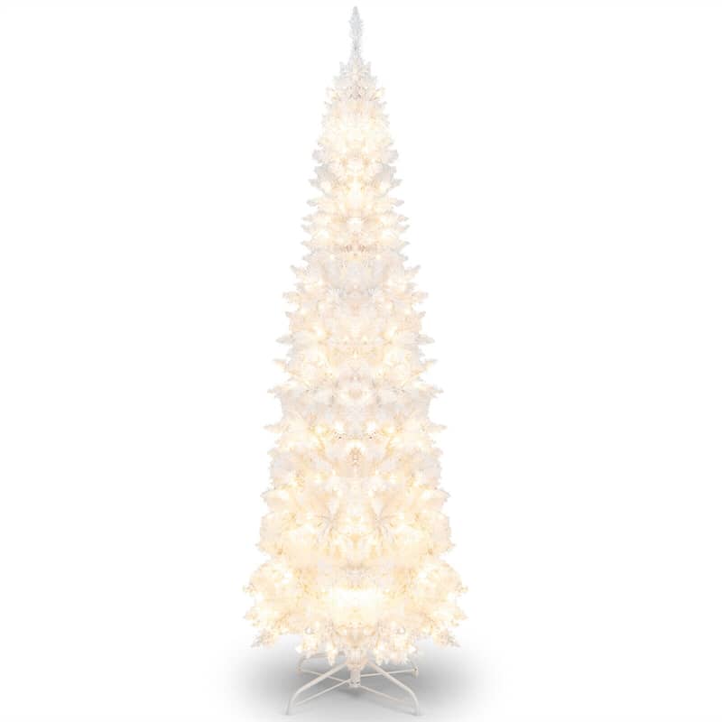 7ft White Pre-Lit Pencil Christmas Tree Hinged Slim Artificial Tree with 800 Branch Tips 300 Lights 8 Lighting Modes