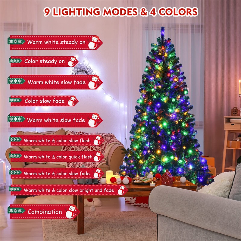 7ft Pre Lit Hinged Christmas Tree Remote Control Xmas Tree with 9 Lighting Modes & 500 Color-Changing LED Lights for Holiday Decor