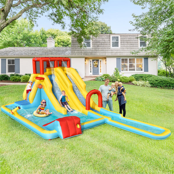 7 in 1 Kids Inflatable Water Slide Double Long Slide Bounce House Mega Waterslide Park with 735W Air Blower & Plash Pool for Backyard Party Fun