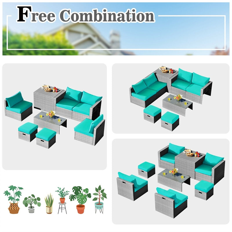 8-Piece Patio Wicker Furniture Set Outdoor Rattan Conversation Set with Storage Box