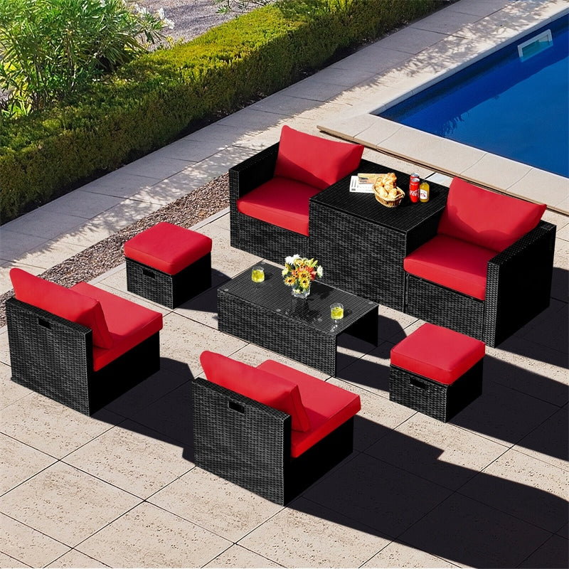 8 Piece Patio Rattan Furniture Set Outdoor Wicker Sectional Sofa Set with Storage Box, Tempered Glass Table, Ottomans & Waterproof Cover