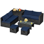 8 Piece Patio Rattan Furniture Set Outdoor Wicker Sectional Sofa Set with Storage Box, Tempered Glass Table, Ottomans & Waterproof Cover