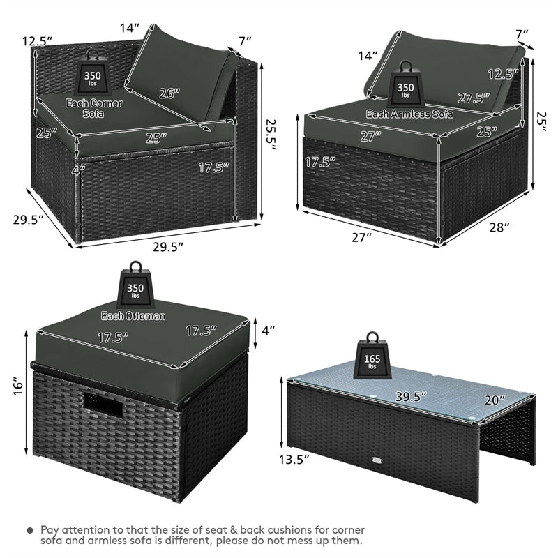 8 Piece Patio Rattan Furniture Set Outdoor Wicker Sectional Sofa Set with Storage Box, Tempered Glass Table, Ottomans & Waterproof Cover