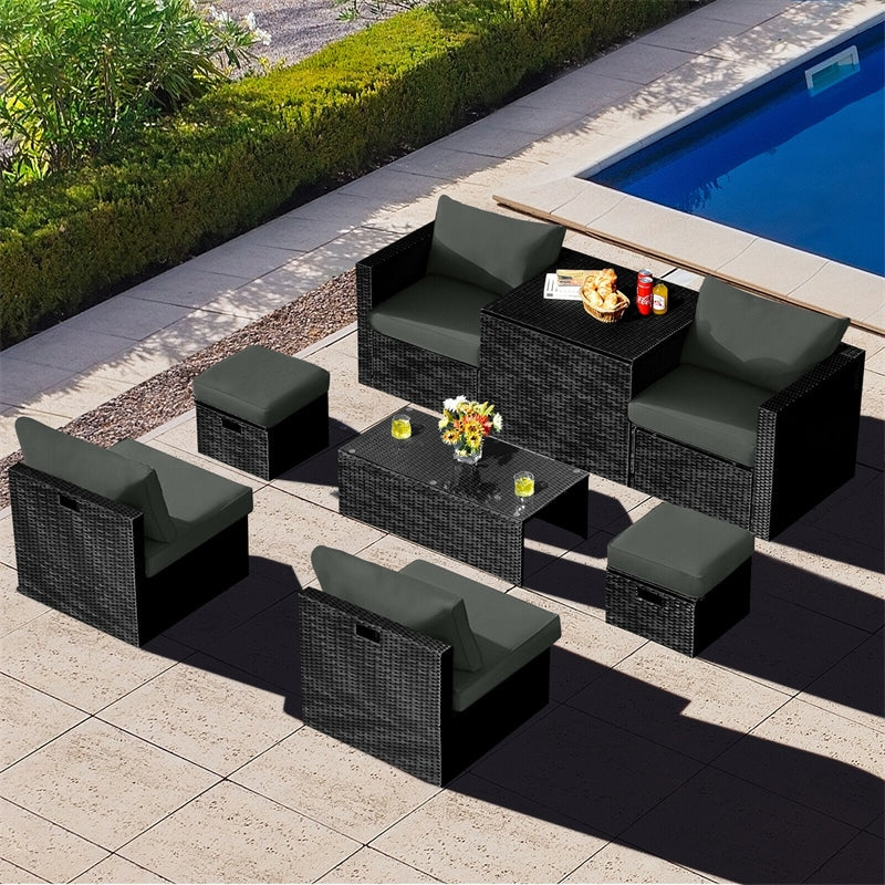 8 Piece Patio Rattan Furniture Set Outdoor Wicker Sectional Sofa Set with Storage Box, Tempered Glass Table, Ottomans & Waterproof Cover