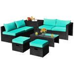 8 Piece Patio Rattan Furniture Set Outdoor Wicker Sectional Sofa Set with Storage Box, Tempered Glass Table, Ottomans & Waterproof Cover