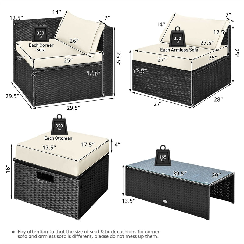 8 Piece Patio Rattan Furniture Set Outdoor Wicker Sectional Sofa Set with Storage Box, Tempered Glass Table, Ottomans & Waterproof Cover