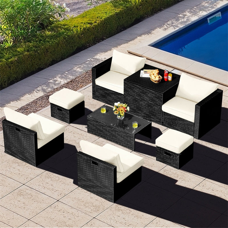 8 Piece Patio Rattan Furniture Set Outdoor Wicker Sectional Sofa Set with Storage Box, Tempered Glass Table, Ottomans & Waterproof Cover