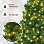 8FT Pre-Lit Artificial Christmas Tree Premium Hinged Spruce Xmas Tree with 430 LED Lights, 1438 PVC Branch & Folding Metal Stand for Holiday Decor