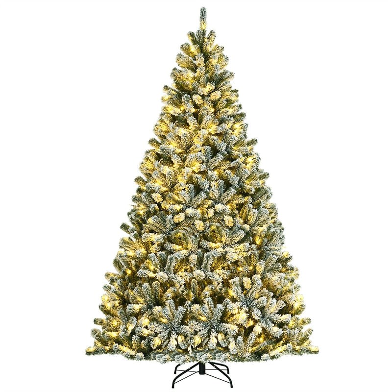 8FT Pre-Lit Snow Flocked Christmas Tree with 650 LED Lights, 1502 Branch Tips & Metal Stand, Full Hinged Artificial Xmas Tree for Holiday Home Decor