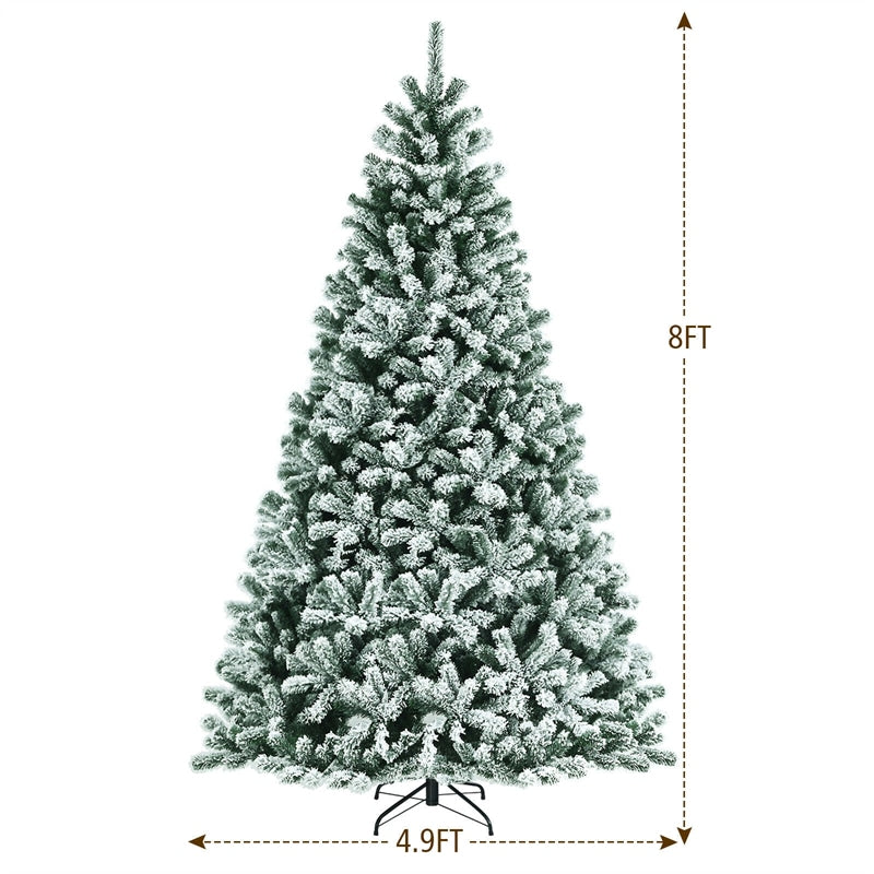 8FT Pre-lit Snow Flocked Christmas Tree Hinged Artificial Full Xmas Tree 1502 Branch Tips with 650 LED Lights & Metal Stand