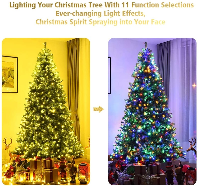 8FT Pre-Lit Artificial Christmas Tree with 750 Multicolor LED Lights, 2128 PVC Branches & Folding Metal Stand, Hinged Xmas Tree for Holiday Decor