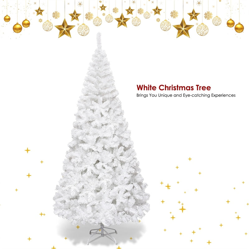 8FT White Snow Flocked Christmas Tree with 1138 PVC Branch Tips, Metal Stand, Artificial Hinged Pine Xmas Tree for Holiday Festive Celebration