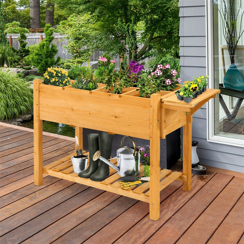 Wood Raised Garden Bed 8 Grids Elevated Planter Box with Folding Side Work Table & Large Storage Shelf for Outdoor Patio Garden Backyard