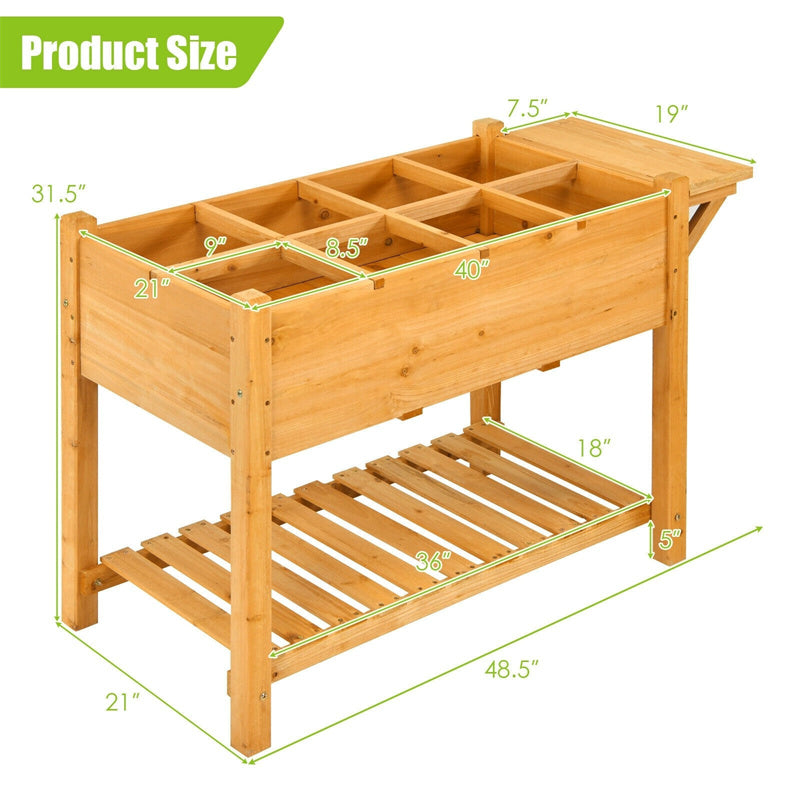 Wood Raised Garden Bed 8 Grids Elevated Planter Box with Folding Side Work Table & Large Storage Shelf for Outdoor Patio Garden Backyard