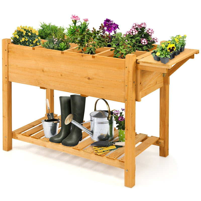 Wood Raised Garden Bed 8 Grids Elevated Planter Box with Folding Side Work Table & Large Storage Shelf for Outdoor Patio Garden Backyard