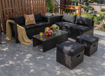 8PCS Patio Furniture Set Outdoor Space Saving PE Rattan Sectional Sofa Wicker Conversation Set w/ Storage Box, Glass Table, Waterproof Cover