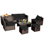 8PCS Patio Furniture Set Outdoor Space Saving PE Rattan Sectional Sofa Wicker Conversation Set w/ Storage Box, Glass Table, Waterproof Cover