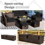 8PCS Patio Furniture Set Outdoor Space Saving PE Rattan Sectional Sofa Wicker Conversation Set w/ Storage Box, Glass Table, Waterproof Cover