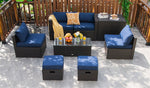 8PCS Patio Furniture Set Outdoor Space Saving PE Rattan Sectional Sofa Wicker Conversation Set w/ Storage Box, Glass Table, Waterproof Cover