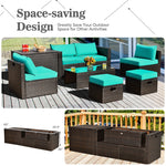 8PCS Patio Furniture Set Outdoor Space Saving PE Rattan Sectional Sofa Wicker Conversation Set w/ Storage Box, Glass Table, Waterproof Cover