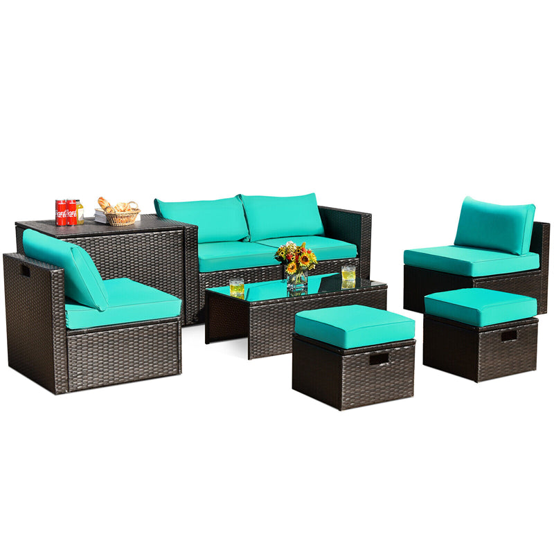 8PCS Patio Furniture Set Outdoor Space Saving PE Rattan Sectional Sofa Wicker Conversation Set w/ Storage Box, Glass Table, Waterproof Cover