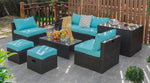 8PCS Patio Furniture Set Outdoor Space Saving PE Rattan Sectional Sofa Wicker Conversation Set w/ Storage Box, Glass Table, Waterproof Cover