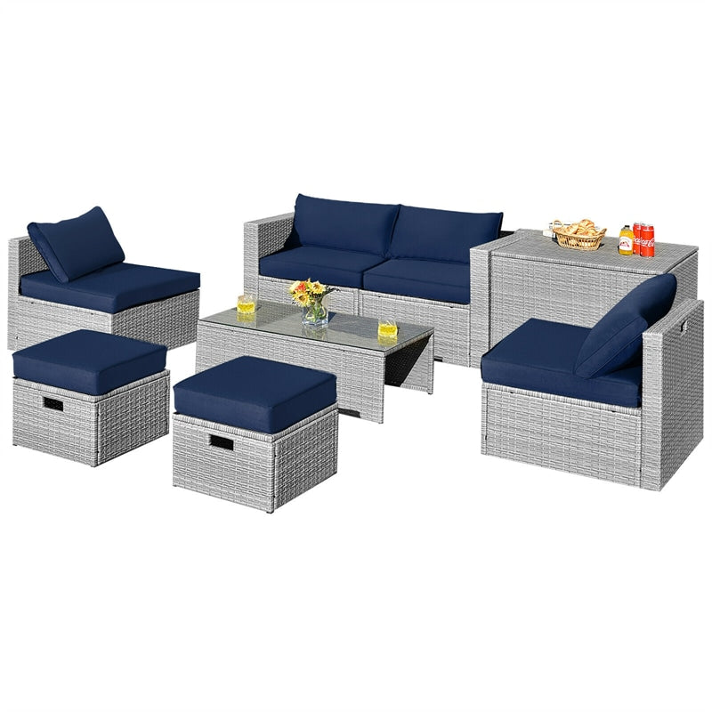 8-Piece Patio Wicker Furniture Set Outdoor Rattan Conversation Set with Storage Box