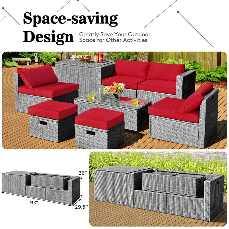 8-Piece Patio Wicker Furniture Set Outdoor Rattan Conversation Set with Storage Box