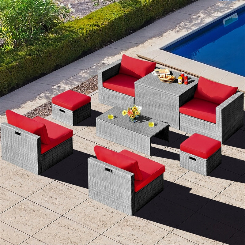 8-Piece Patio Wicker Furniture Set Outdoor Rattan Conversation Set with Storage Box