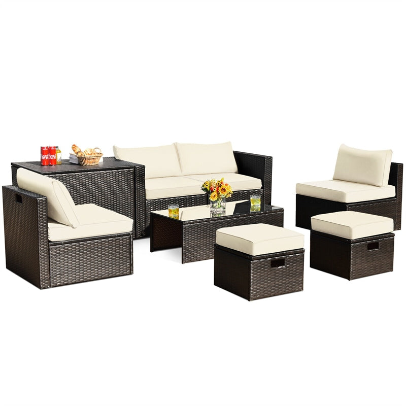 8PCS Patio Furniture Set Outdoor Space Saving PE Rattan Sectional Sofa Wicker Conversation Set w/ Storage Box, Glass Table, Waterproof Cover