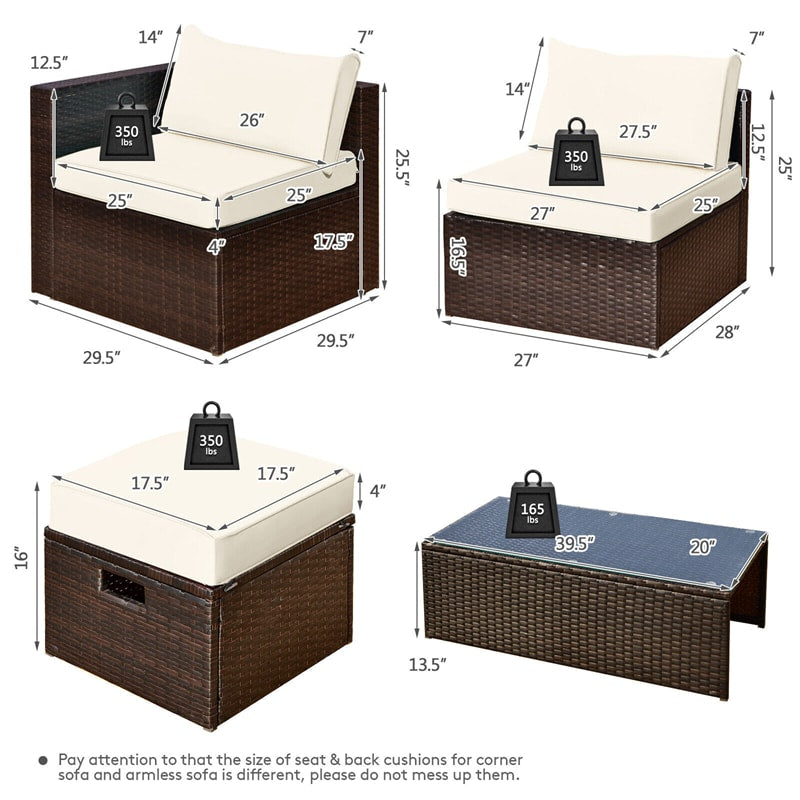 8PCS Patio Furniture Set Outdoor Space Saving PE Rattan Sectional Sofa Wicker Conversation Set w/ Storage Box, Glass Table, Waterproof Cover