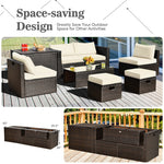 8PCS Patio Furniture Set Outdoor Space Saving PE Rattan Sectional Sofa Wicker Conversation Set w/ Storage Box, Glass Table, Waterproof Cover