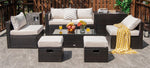 8PCS Patio Furniture Set Outdoor Space Saving PE Rattan Sectional Sofa Wicker Conversation Set w/ Storage Box, Glass Table, Waterproof Cover