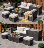 8PCS Patio Furniture Set Outdoor Space Saving PE Rattan Sectional Sofa Wicker Conversation Set w/ Storage Box, Glass Table, Waterproof Cover