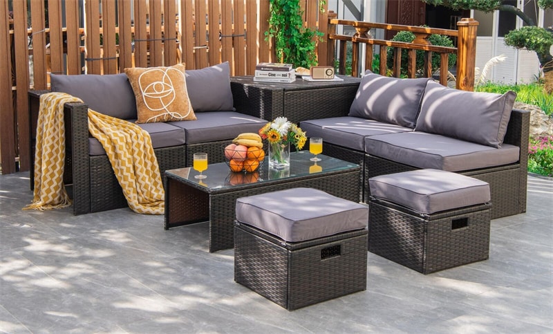 8PCS Patio Furniture Set Outdoor Space Saving PE Rattan Sectional Sofa Wicker Conversation Set w/ Storage Box, Glass Table, Waterproof Cover