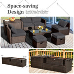 8PCS Patio Furniture Set Outdoor Space Saving PE Rattan Sectional Sofa Wicker Conversation Set w/ Storage Box, Glass Table, Waterproof Cover