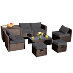 8PCS Patio Furniture Set Outdoor Space Saving PE Rattan Sectional Sofa Wicker Conversation Set w/ Storage Box, Glass Table, Waterproof Cover