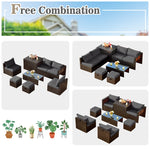 8PCS Patio Furniture Set Outdoor Space Saving PE Rattan Sectional Sofa Wicker Conversation Set w/ Storage Box, Glass Table, Waterproof Cover