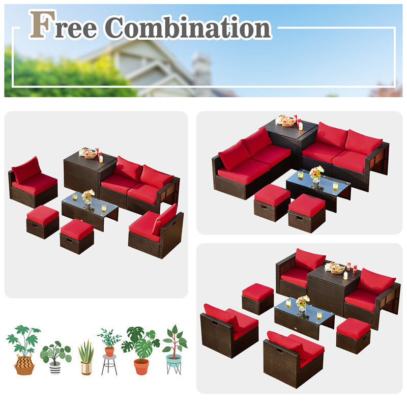 8PCS Patio Furniture Set Outdoor Space Saving PE Rattan Sectional Sofa Wicker Conversation Set w/ Storage Box, Glass Table, Waterproof Cover