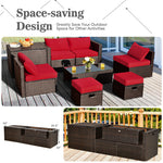 8PCS Patio Furniture Set Outdoor Space Saving PE Rattan Sectional Sofa Wicker Conversation Set w/ Storage Box, Glass Table, Waterproof Cover