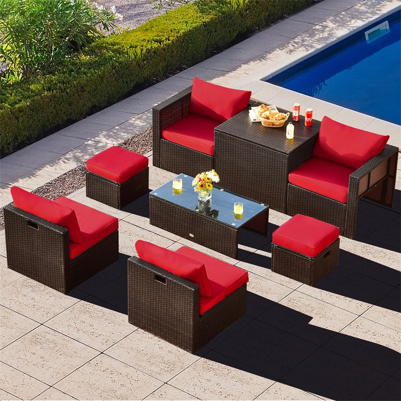 8PCS Patio Furniture Set Outdoor Space Saving PE Rattan Sectional Sofa Wicker Conversation Set w/ Storage Box, Glass Table, Waterproof Cover