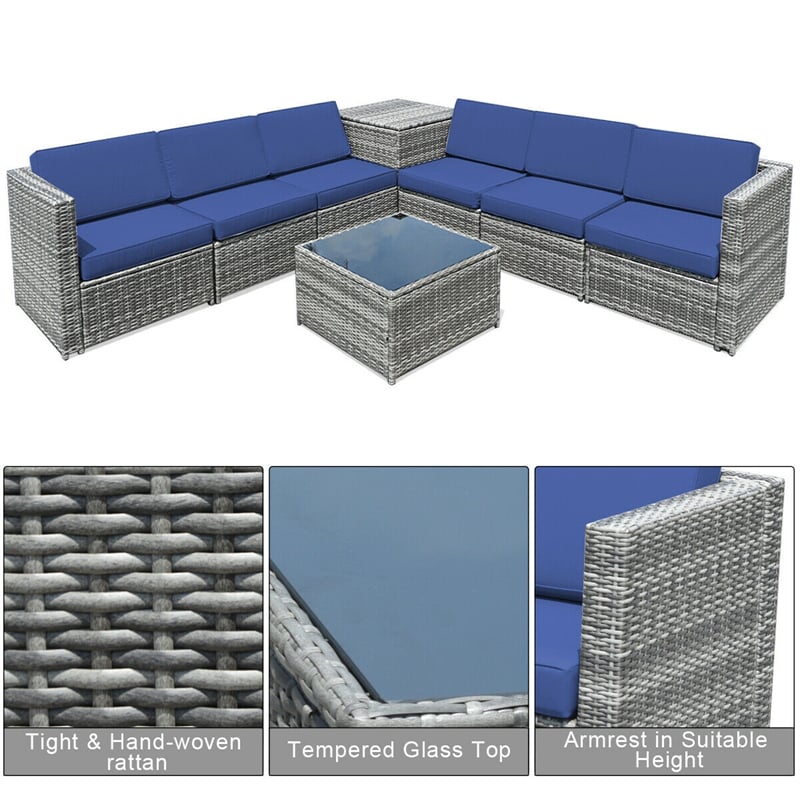 8 Pieces Rattan Patio Sectional Wicker Outdoor Sofa Furniture Set with Storage Table & Waterproof Cover