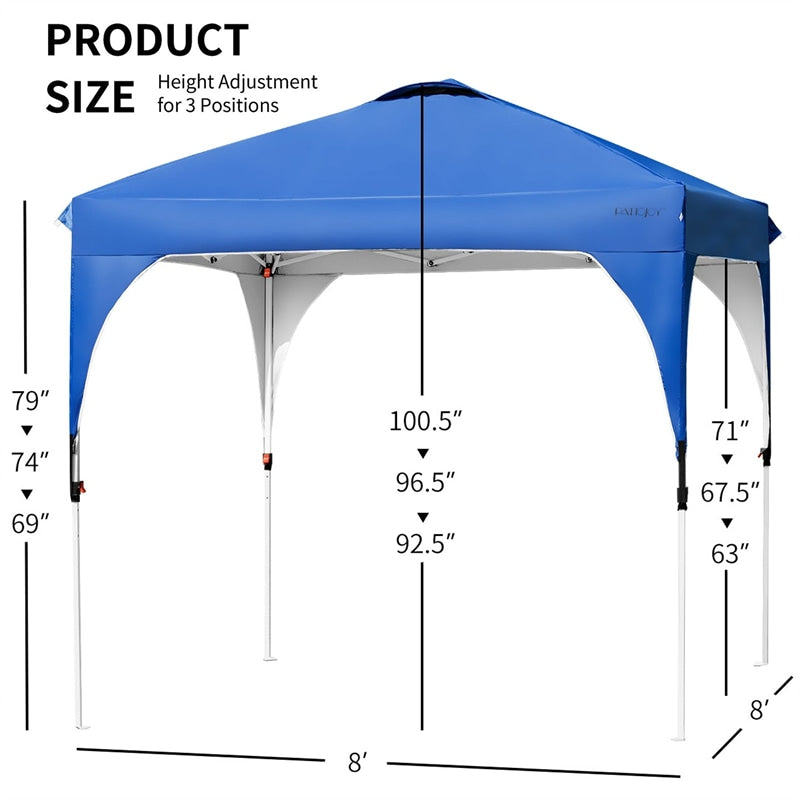 8' x 8' Outdoor Pop-up Canopy Tent Height Adjustable with Roller Bag