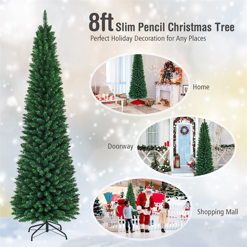 8ft Artificial Pencil Christmas Tree Slim Unlit Xmas Tree 1000 PVC Branch Tips with Foldable Metal Stand for Home Office School Shop Decor