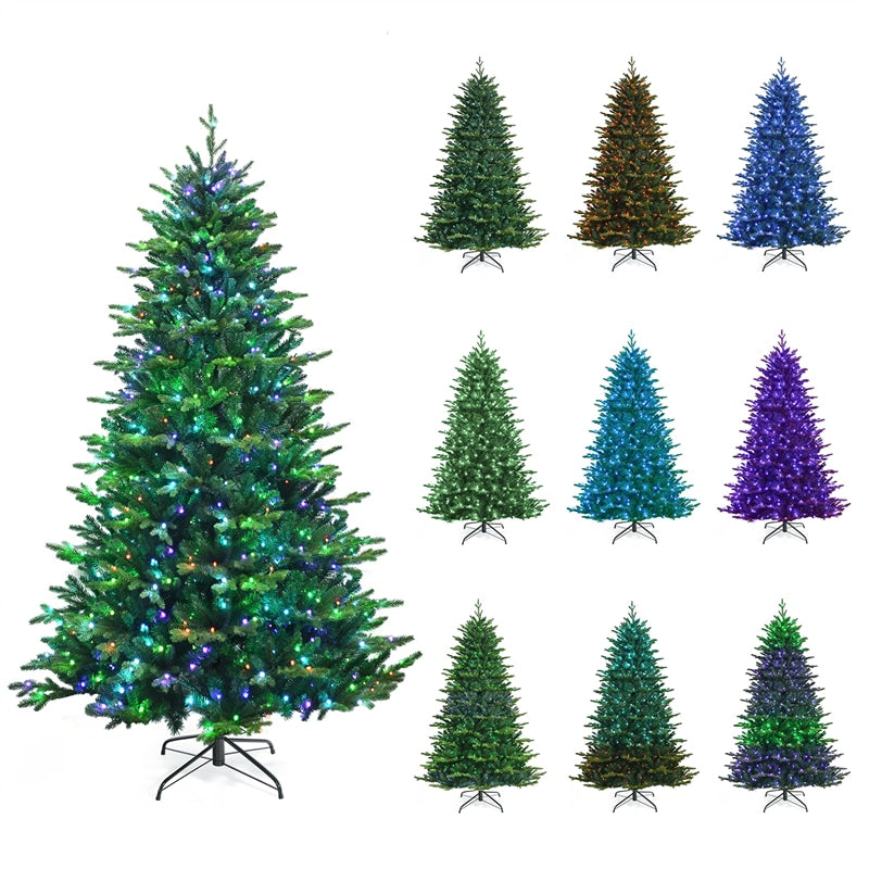 8FT Pre-lit Artificial Christmas Tree, APP Controlled Hinged Xmas Tree with 670 Color Changing LED Lights, 2956 Branch Tips & Folding Metal Stand